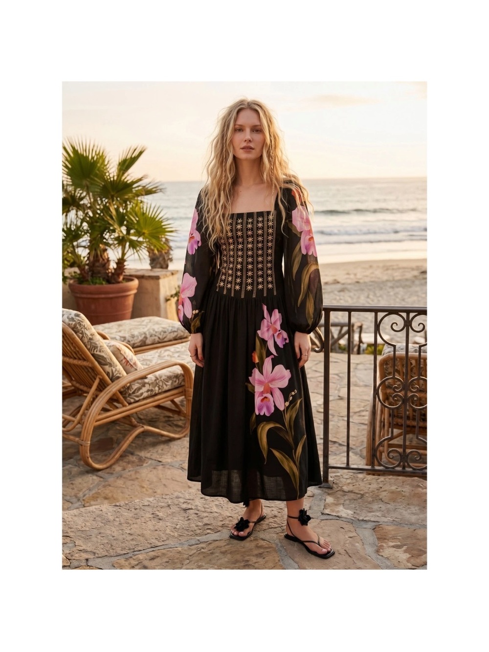 FARM Rio Black Dress with Pink Floral and Gold Details